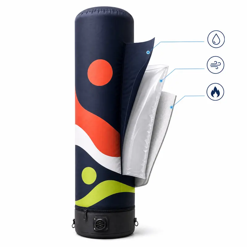 Cutaway view of an inflatable column: printed fabric, airtight bladder and base with blower