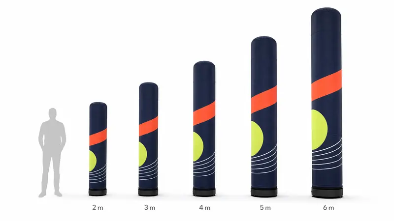 Inflatable columns from 6.5 to 20 ft compared with a human silhouette